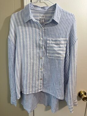 Nicole Miller Womens Striped 100% Linen Button Up Blouse Top Large Coastal